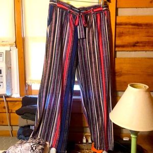 New Direction, polyester pant ,blues& red stripes, with a red rayon, top